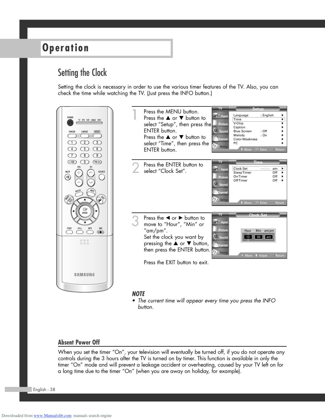 Samsung HL-R4664W, HL-R6164W, HL-R5664W, HL-R5064W manual Setting the Clock, Absent Power Off 