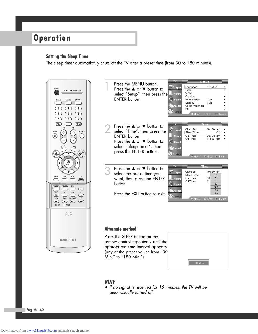 Samsung HL-R6164W, HL-R5664W, HL-R4664W, HL-R5064W manual Setting the Sleep Timer, Alternate method 