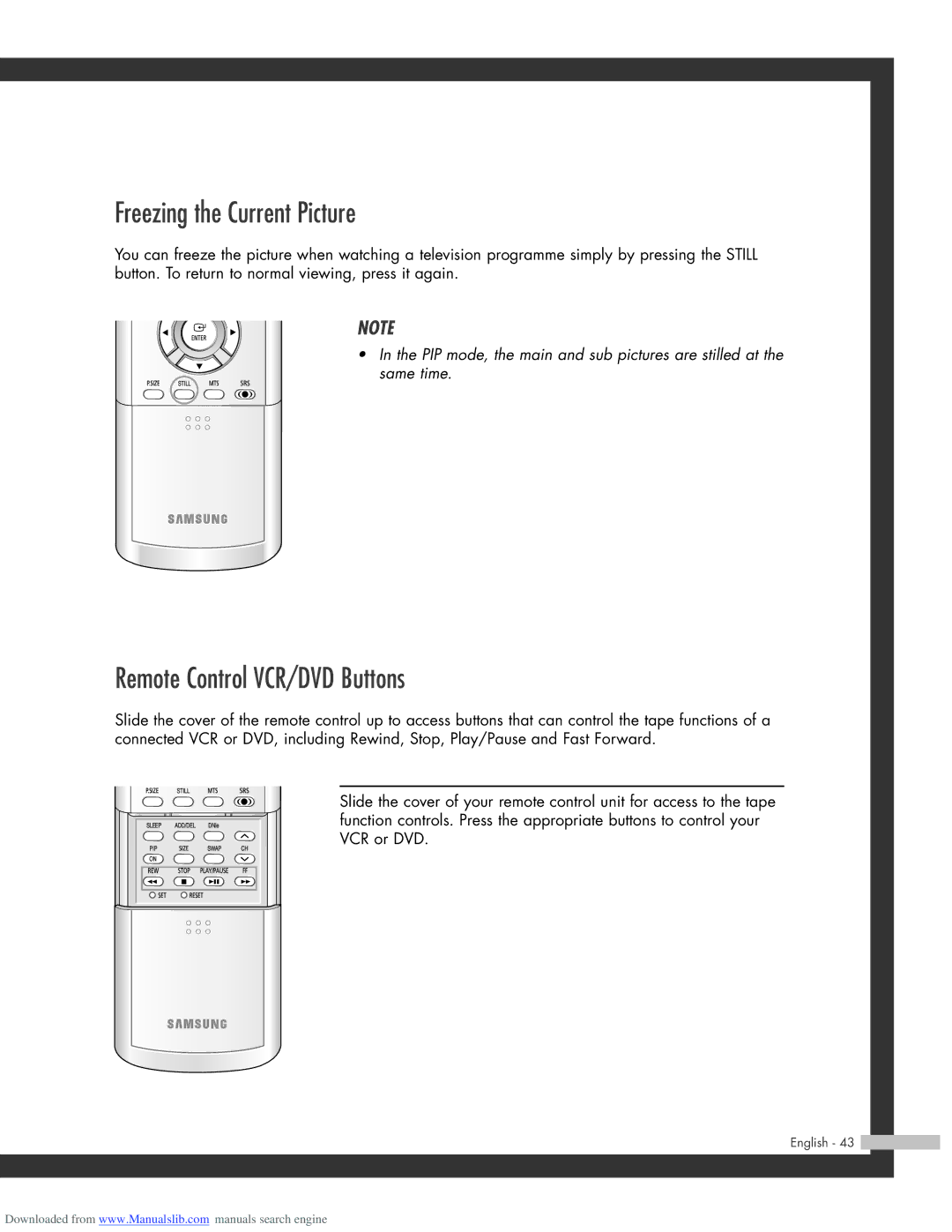 Samsung HL-R5064W, HL-R6164W, HL-R5664W, HL-R4664W manual Freezing the Current Picture, Remote Control VCR/DVD Buttons 