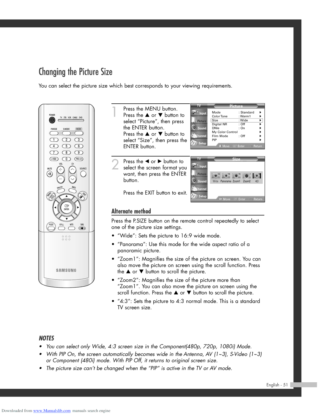 Samsung HL-R5064W, HL-R6164W, HL-R5664W, HL-R4664W manual Changing the Picture Size, Alternate method 