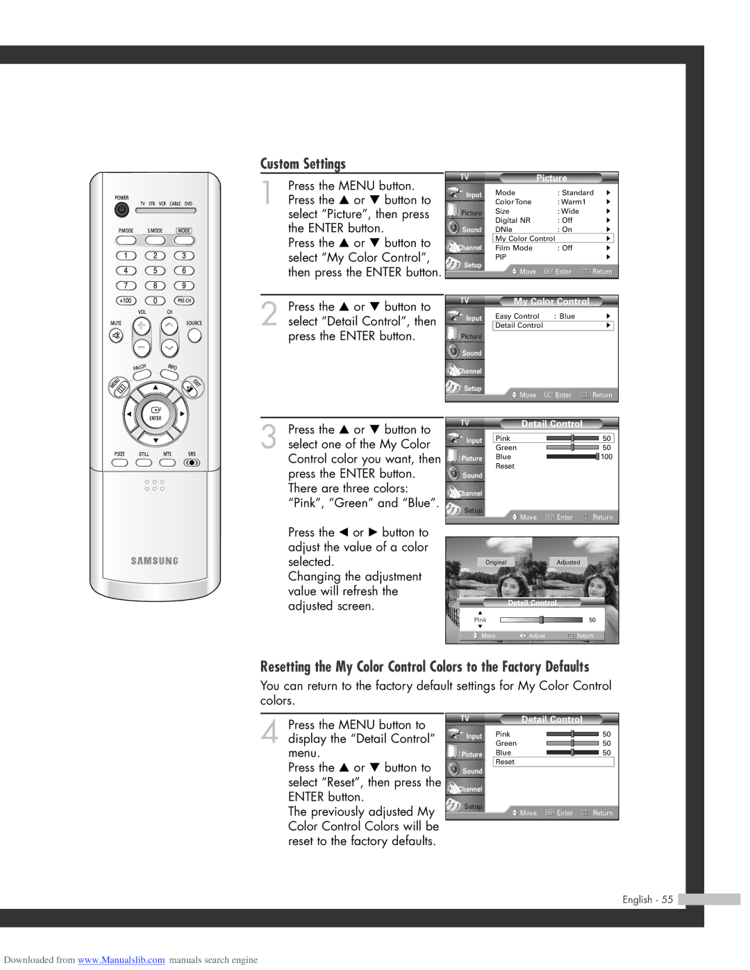 Samsung HL-R5064W, HL-R6164W, HL-R5664W, HL-R4664W manual Custom Settings 