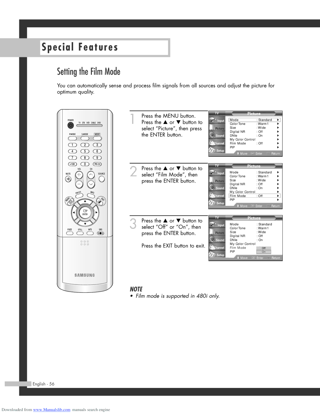 Samsung HL-R6164W, HL-R5664W, HL-R4664W, HL-R5064W manual Setting the Film Mode 