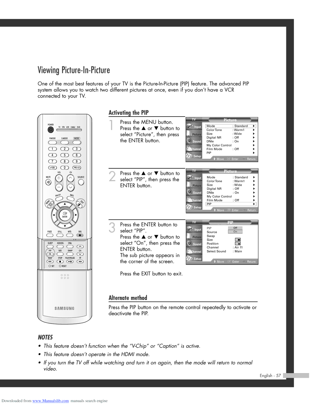 Samsung HL-R5664W, HL-R6164W, HL-R4664W, HL-R5064W manual Viewing Picture-In-Picture, Activating the PIP 