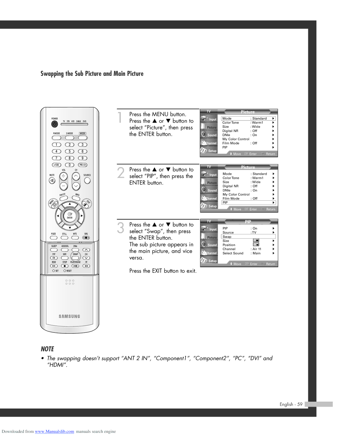 Samsung HL-R5064W, HL-R6164W, HL-R5664W, HL-R4664W manual Swapping the Sub Picture and Main Picture 