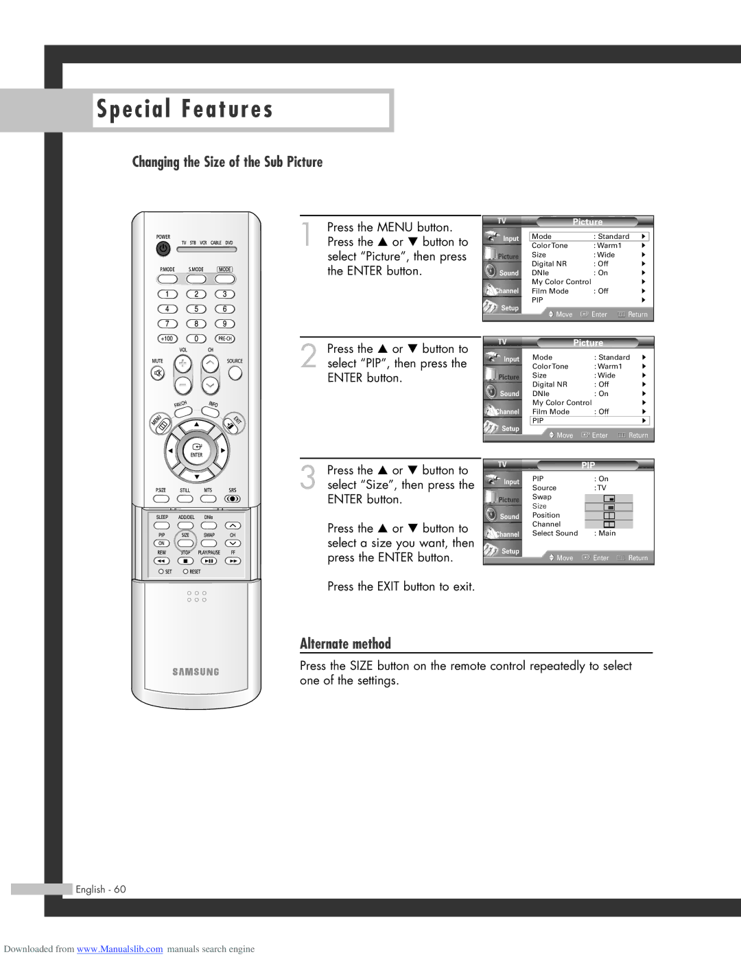 Samsung HL-R6164W, HL-R5664W, HL-R4664W, HL-R5064W manual Changing the Size of the Sub Picture, Alternate method 