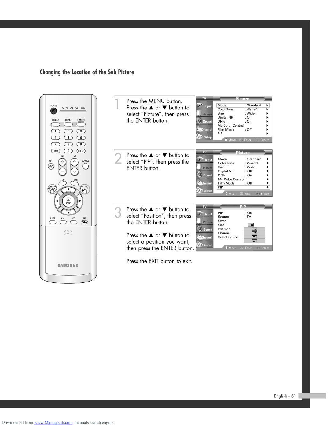 Samsung HL-R5664W, HL-R6164W, HL-R4664W, HL-R5064W manual Changing the Location of the Sub Picture 