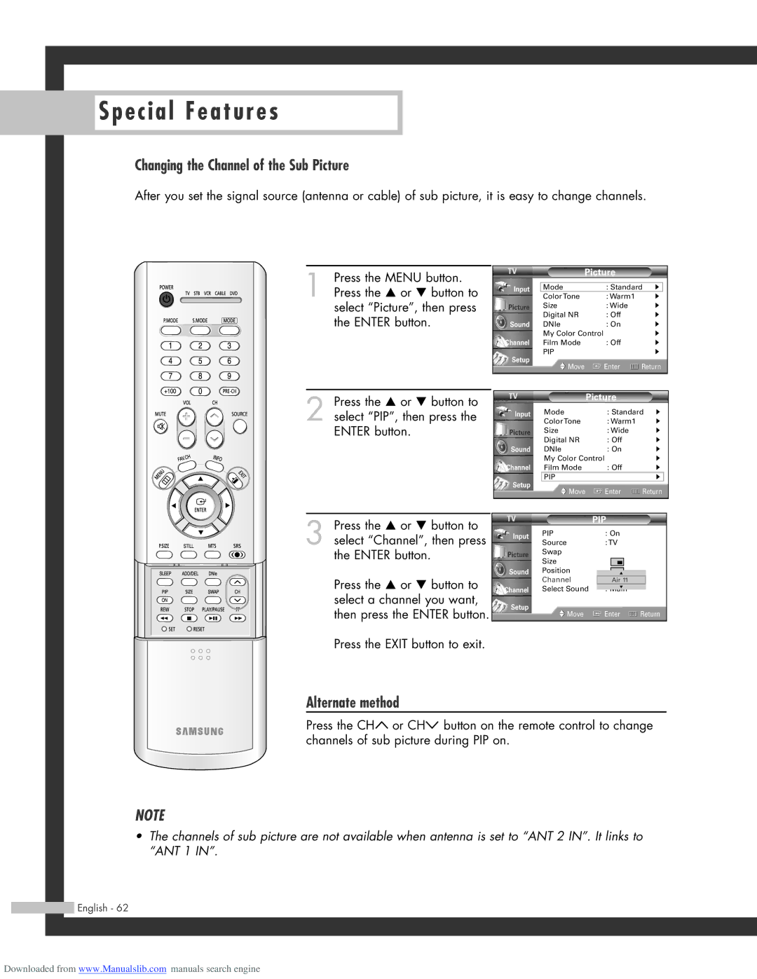 Samsung HL-R4664W, HL-R6164W, HL-R5664W, HL-R5064W manual Changing the Channel of the Sub Picture 