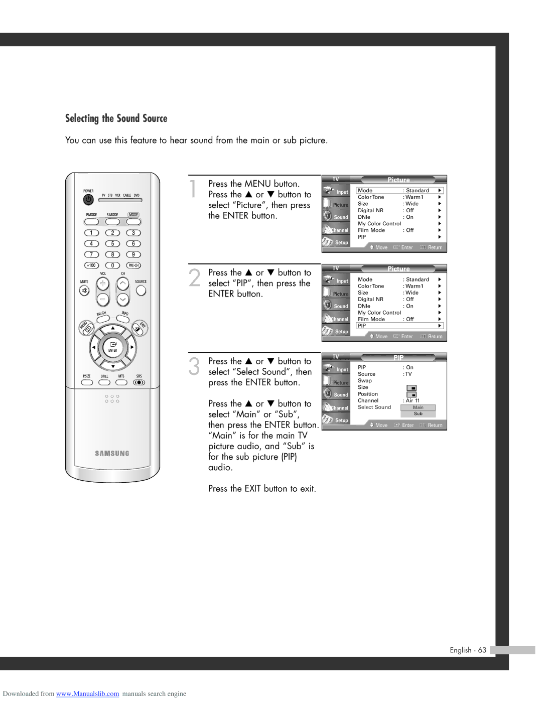 Samsung HL-R5064W, HL-R6164W, HL-R5664W, HL-R4664W manual Selecting the Sound Source 