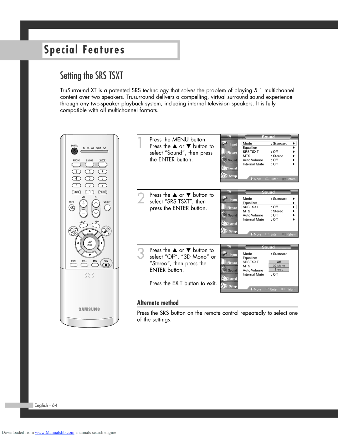 Samsung HL-R6164W, HL-R5664W, HL-R4664W, HL-R5064W manual Setting the SRS Tsxt 