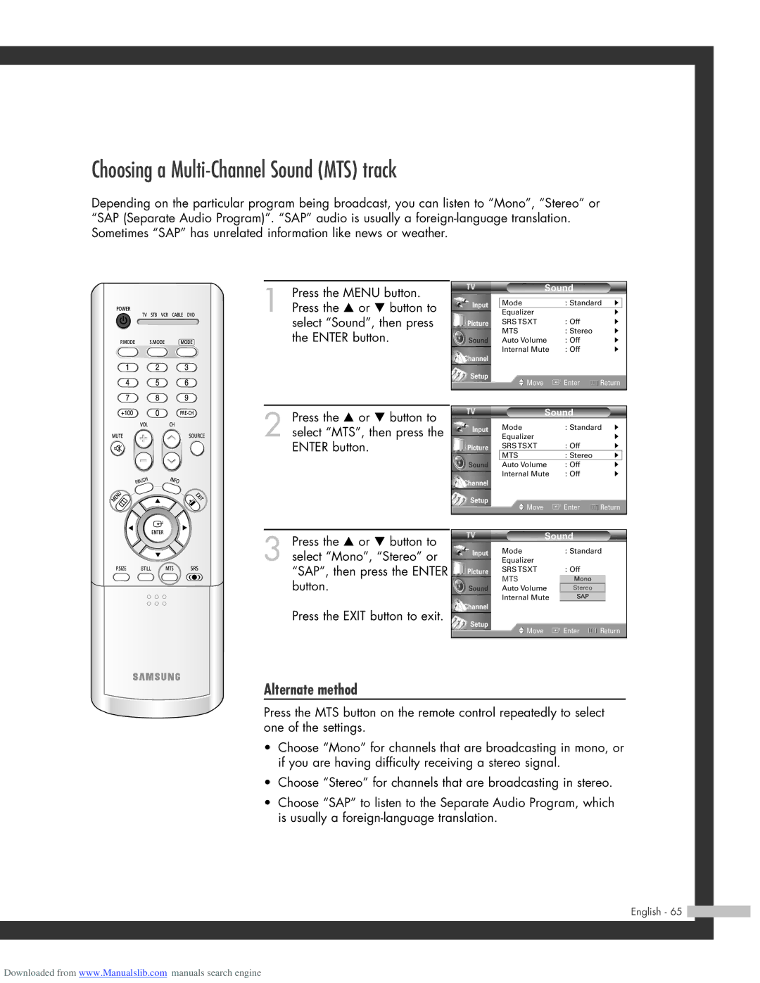 Samsung HL-R5664W, HL-R6164W, HL-R4664W, HL-R5064W manual Choosing a Multi-Channel Sound MTS track 