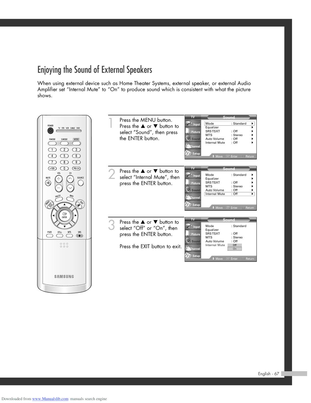 Samsung HL-R5064W, HL-R6164W, HL-R5664W, HL-R4664W manual Enjoying the Sound of External Speakers 