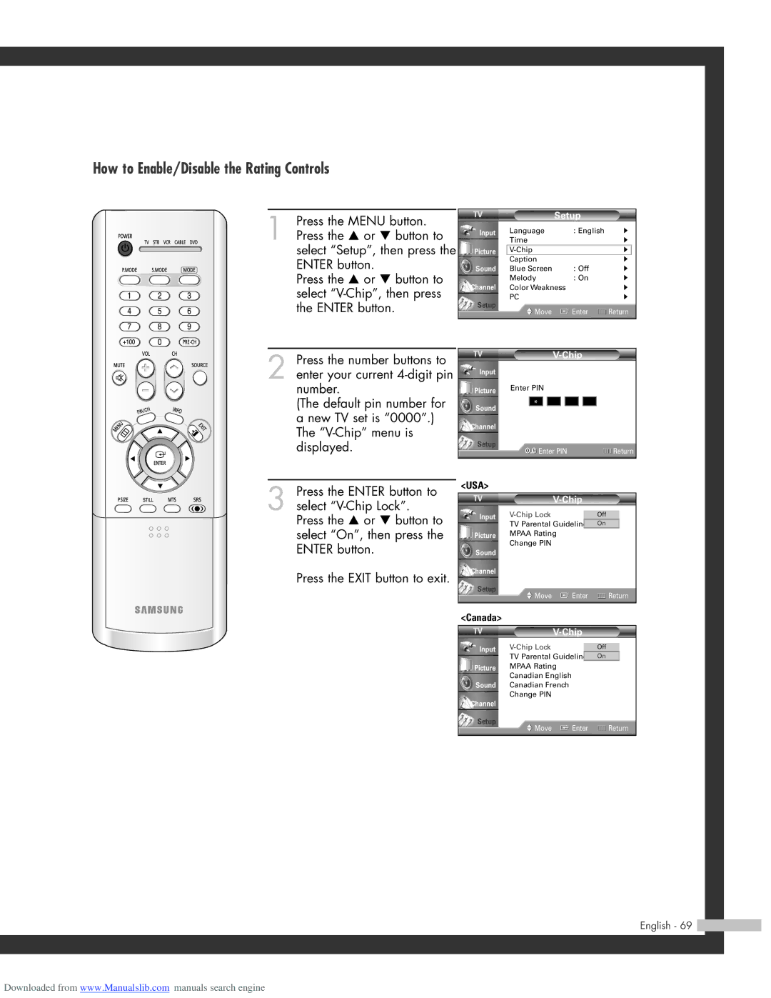 Samsung HL-R5664W, HL-R6164W, HL-R4664W, HL-R5064W manual How to Enable/Disable the Rating Controls 