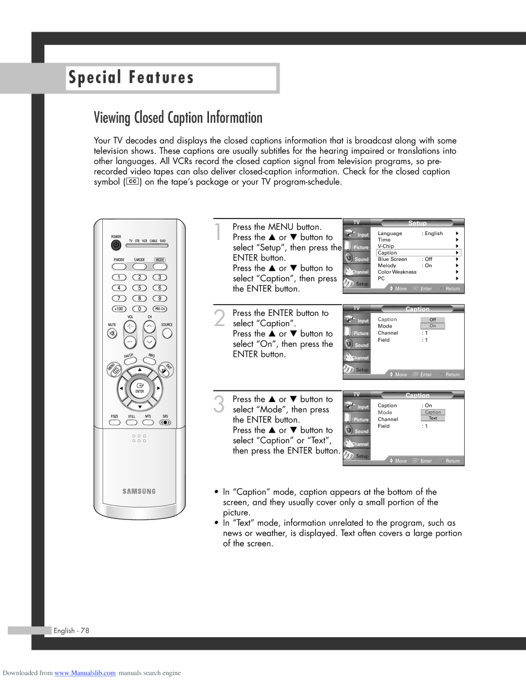 Samsung HL-R4664W, HL-R6164W, HL-R5664W, HL-R5064W manual Viewing Closed Caption Information 