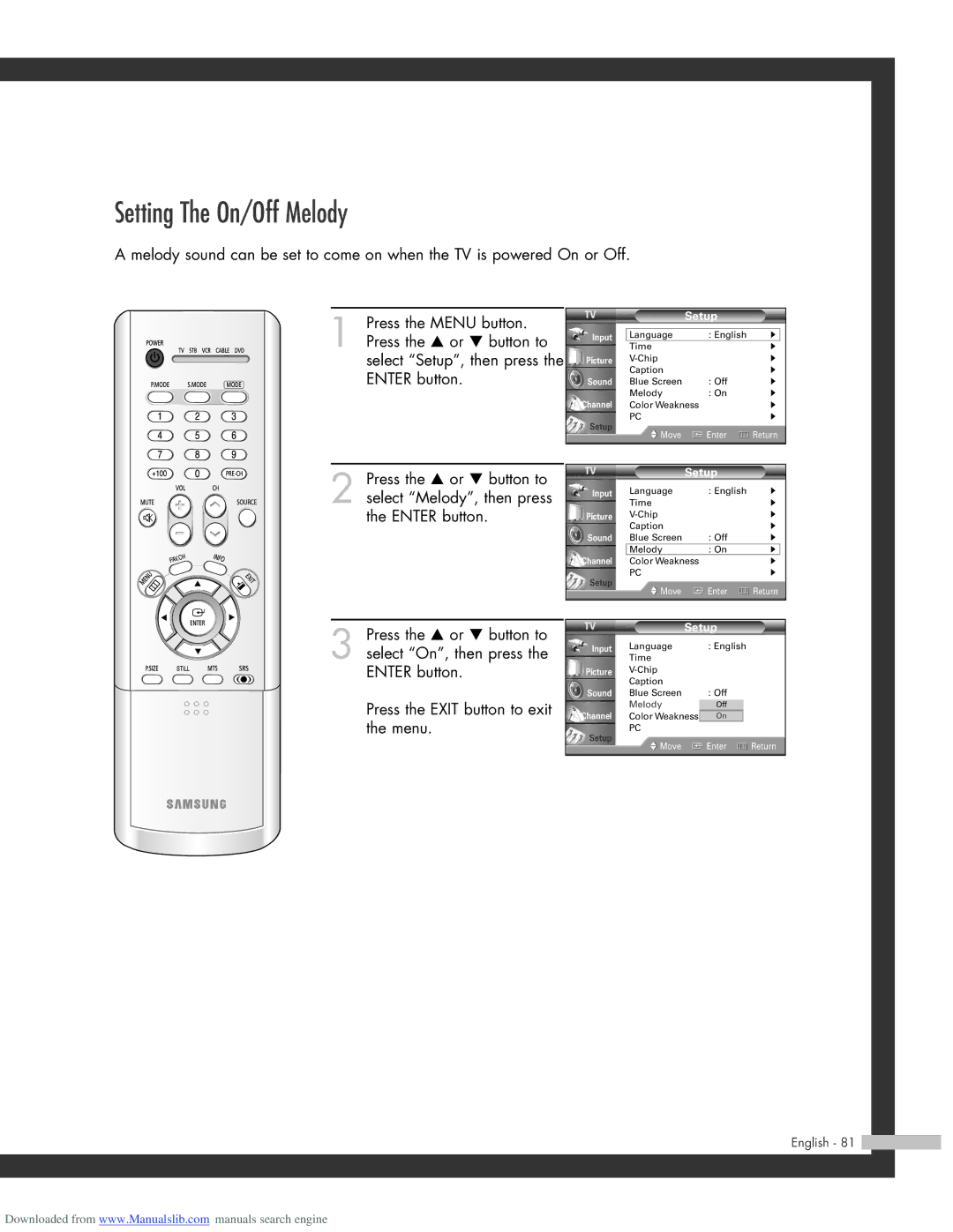 Samsung HL-R5664W, HL-R6164W, HL-R4664W, HL-R5064W manual Setting The On/Off Melody 