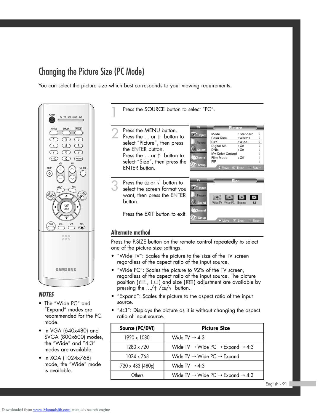 Samsung HL-R5064W, HL-R6164W, HL-R5664W, HL-R4664W manual Changing the Picture Size PC Mode, Source PC/DVI Picture Size 