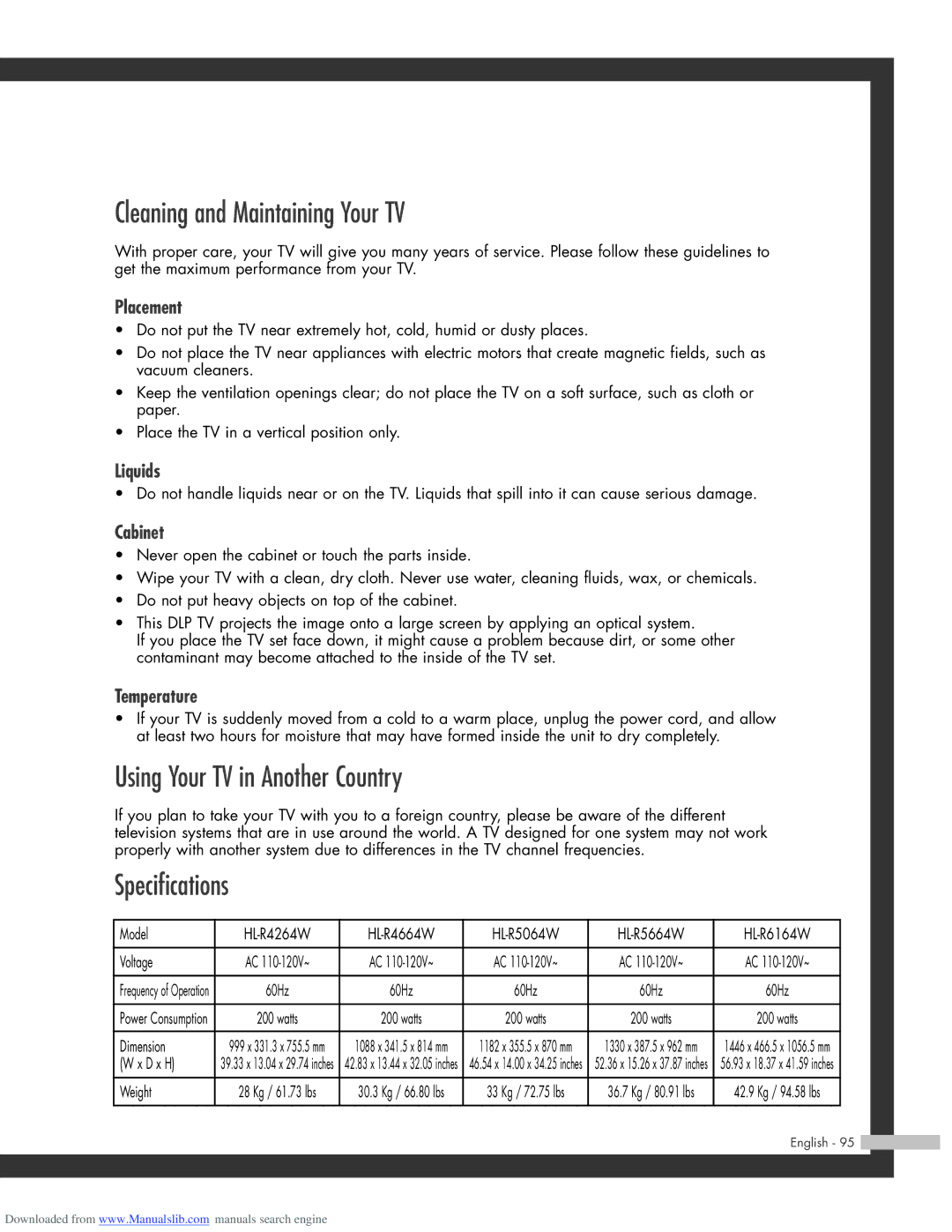 Samsung HL-R5064W, HL-R6164W, HL-R5664W Cleaning and Maintaining Your TV, Using Your TV in Another Country, Specifications 