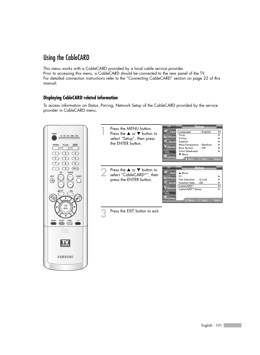 Samsung HL-R5067W, HL-R6167W, HL-R5667W, HL-R4667W manual Using the CableCARD, Displaying CableCARD related information 