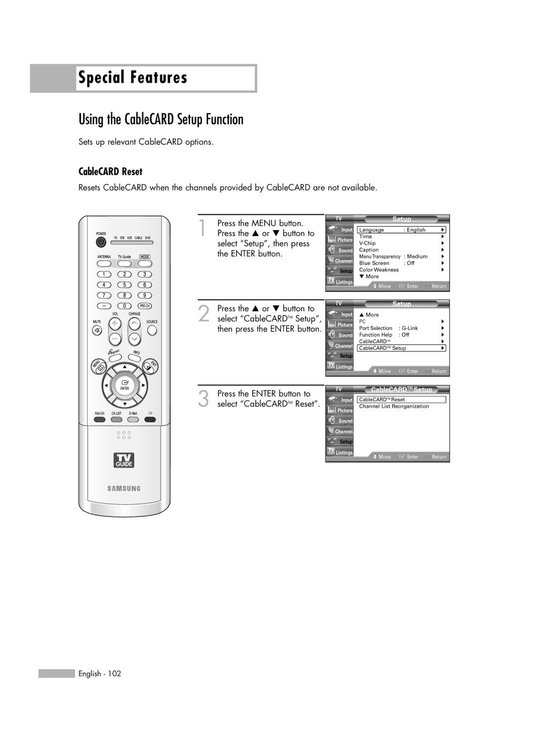 Samsung HL-R5667W, HL-R6167W, HL-R5067W, HL-R4667W Using the CableCARD Setup Function, CableCARD Reset, CableCARDTM Setup 