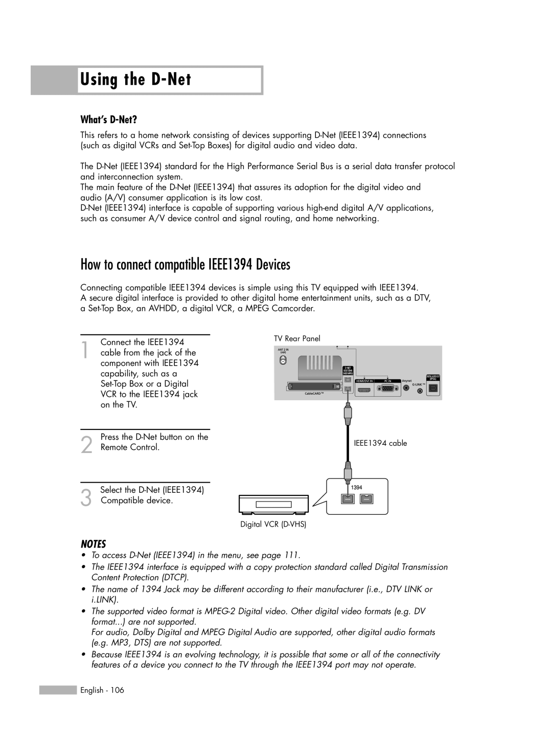 Samsung HL-R5667W, HL-R6167W, HL-R5067W manual Using the D-Net, How to connect compatible IEEE1394 Devices, What’s D-Net? 