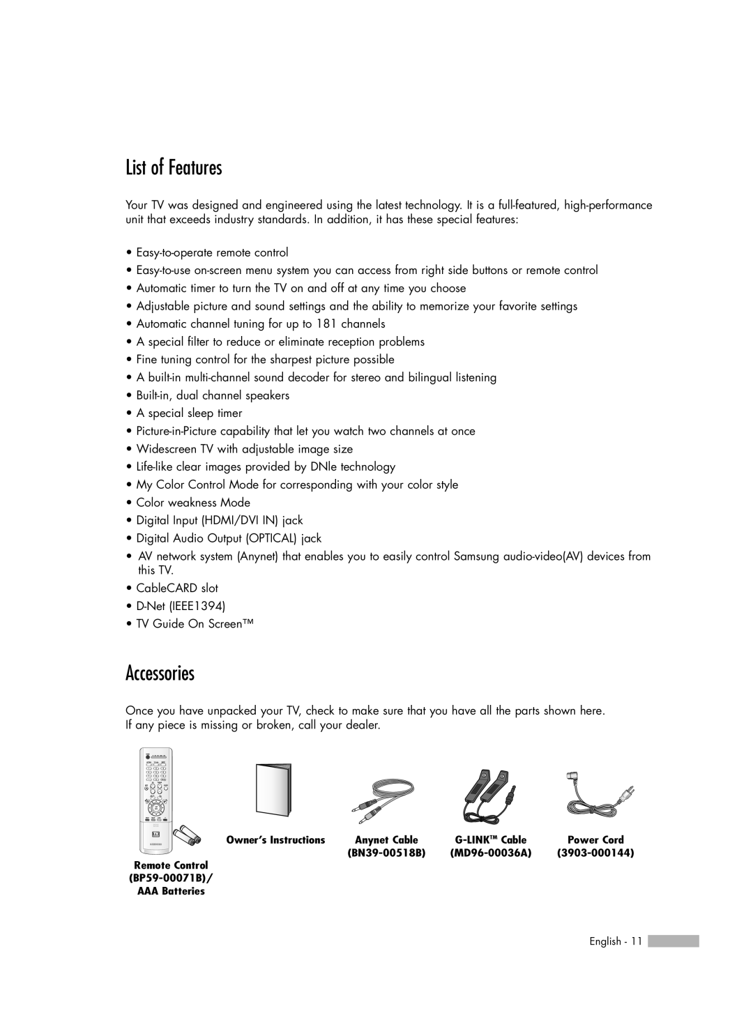 Samsung HL-R4667W, HL-R6167W, HL-R5067W, HL-R5667W manual List of Features, Accessories 