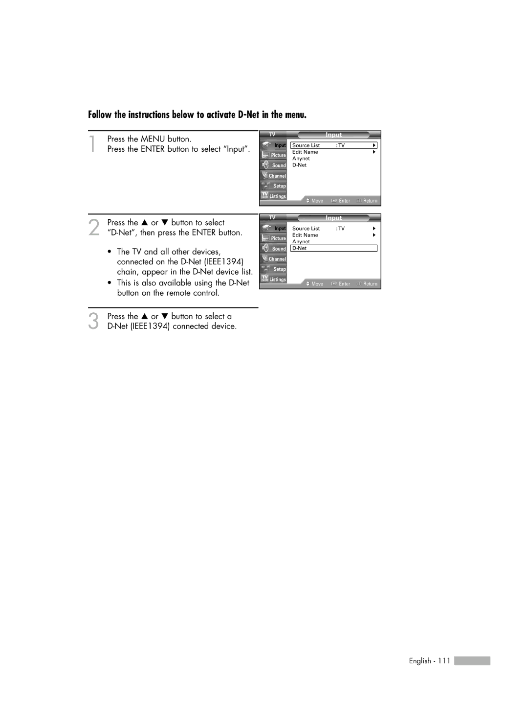 Samsung HL-R4667W, HL-R6167W, HL-R5067W, HL-R5667W manual Follow the instructions below to activate D-Net in the menu, Input 