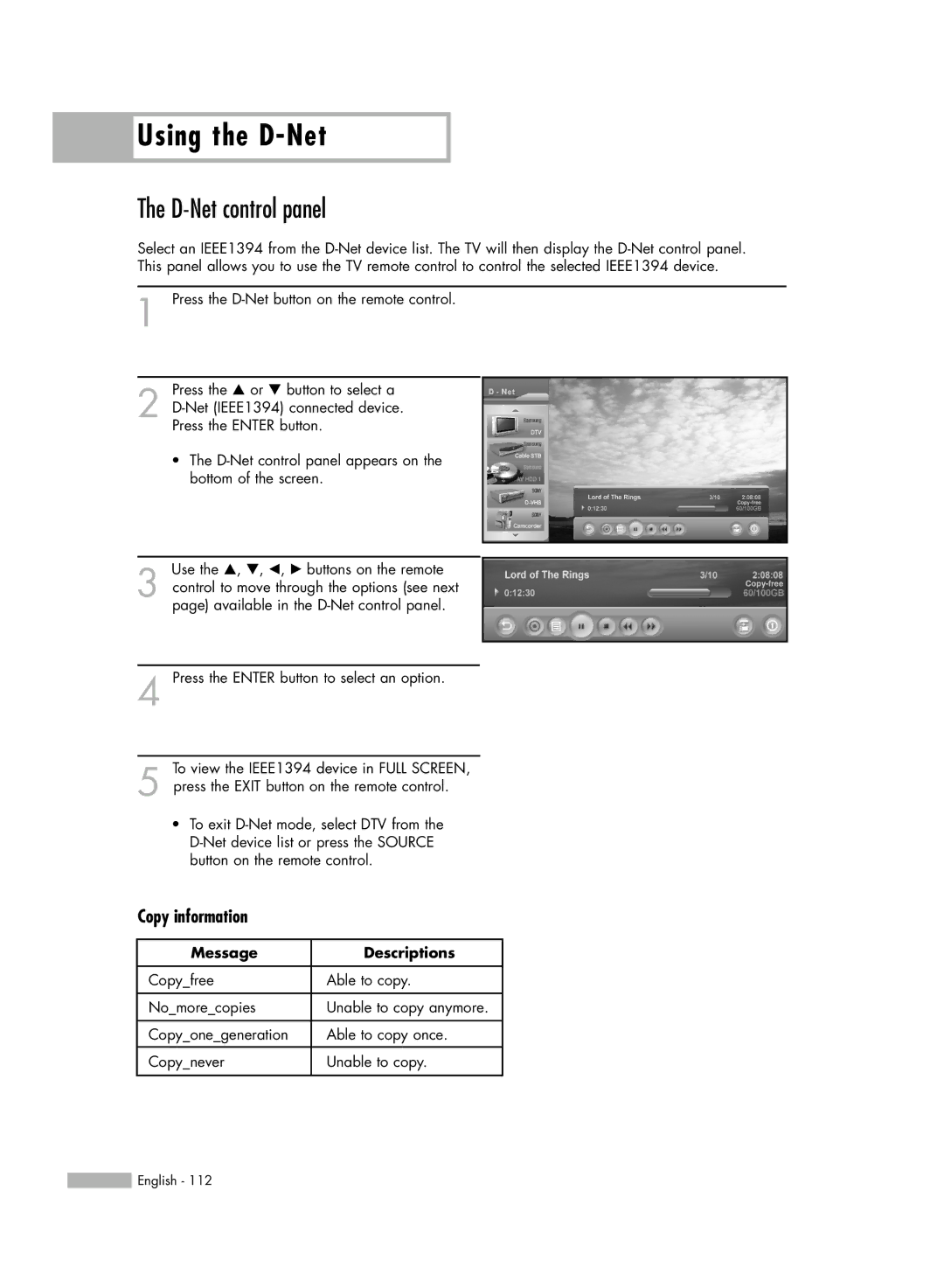 Samsung HL-R6167W, HL-R5067W, HL-R5667W, HL-R4667W manual D-Net control panel, Copy information, Message Descriptions 