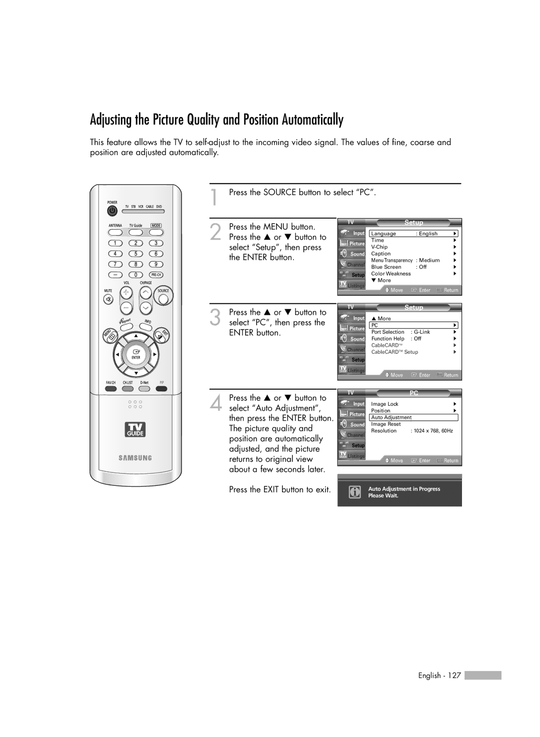 Samsung HL-R4667W, HL-R6167W, HL-R5067W, HL-R5667W manual Adjusting the Picture Quality and Position Automatically 