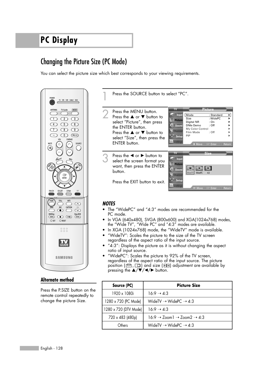 Samsung HL-R6167W, HL-R5067W, HL-R5667W, HL-R4667W manual Changing the Picture Size PC Mode, Source PC Picture Size 