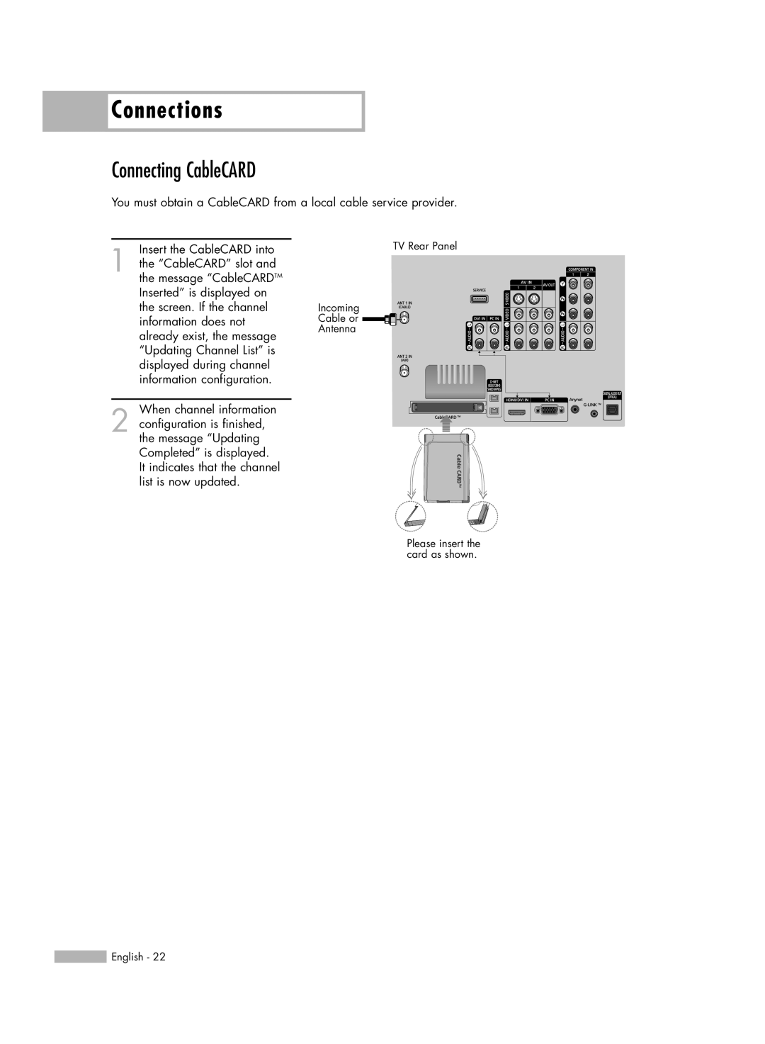 Samsung HL-R5667W, HL-R6167W, HL-R5067W, HL-R4667W manual Connecting CableCARD 