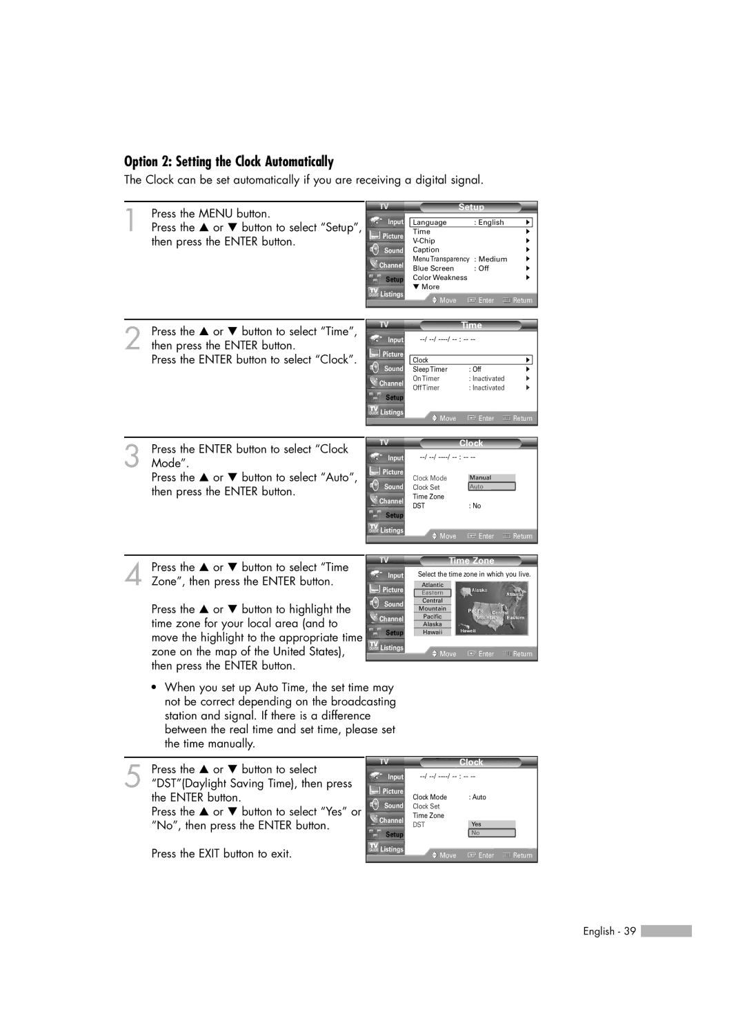 Samsung HL-R4667W, HL-R6167W, HL-R5067W, HL-R5667W manual Option 2 Setting the Clock Automatically, Time Zone 