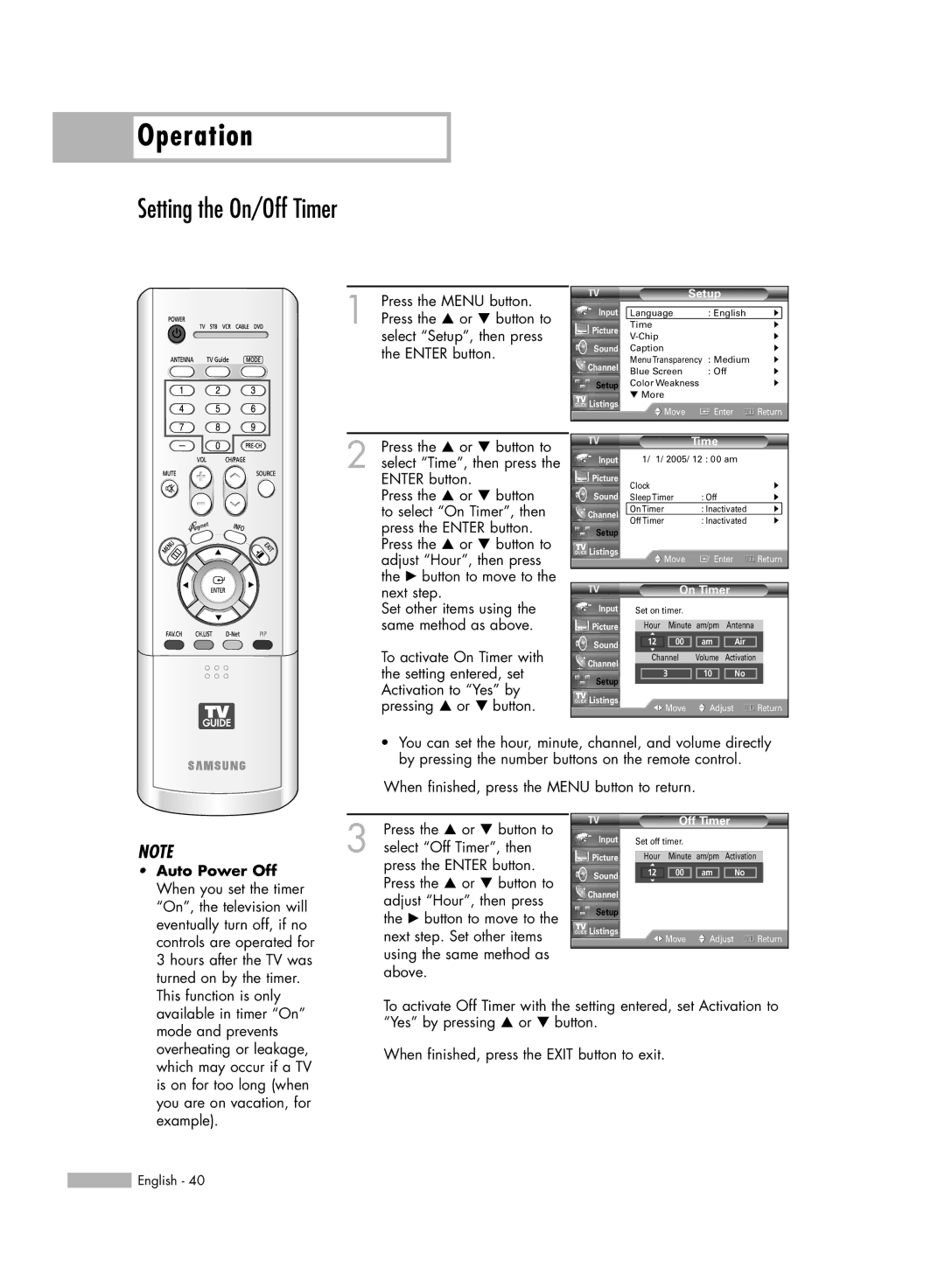 Samsung HL-R6167W, HL-R5067W, HL-R5667W, HL-R4667W manual Setting the On/Off Timer, Auto Power Off, On Timer 