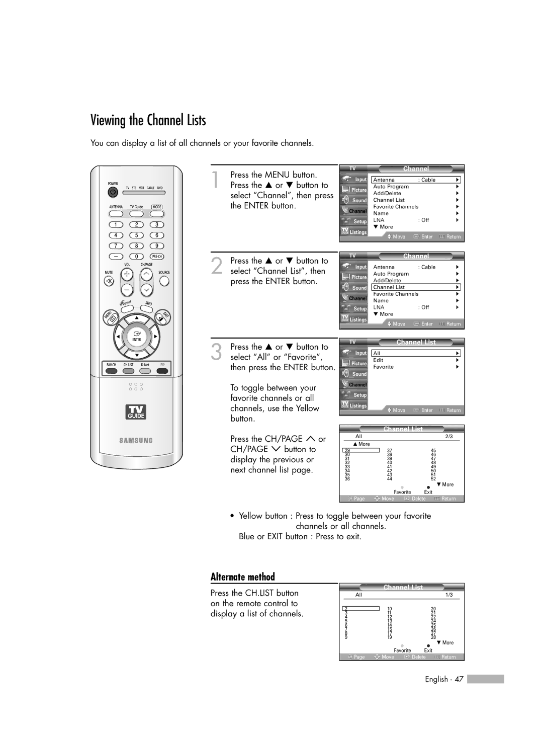 Samsung HL-R4667W, HL-R6167W, HL-R5067W, HL-R5667W manual Viewing the Channel Lists 