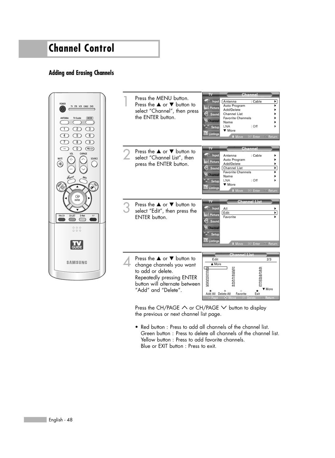 Samsung HL-R6167W, HL-R5067W, HL-R5667W, HL-R4667W manual Adding and Erasing Channels 