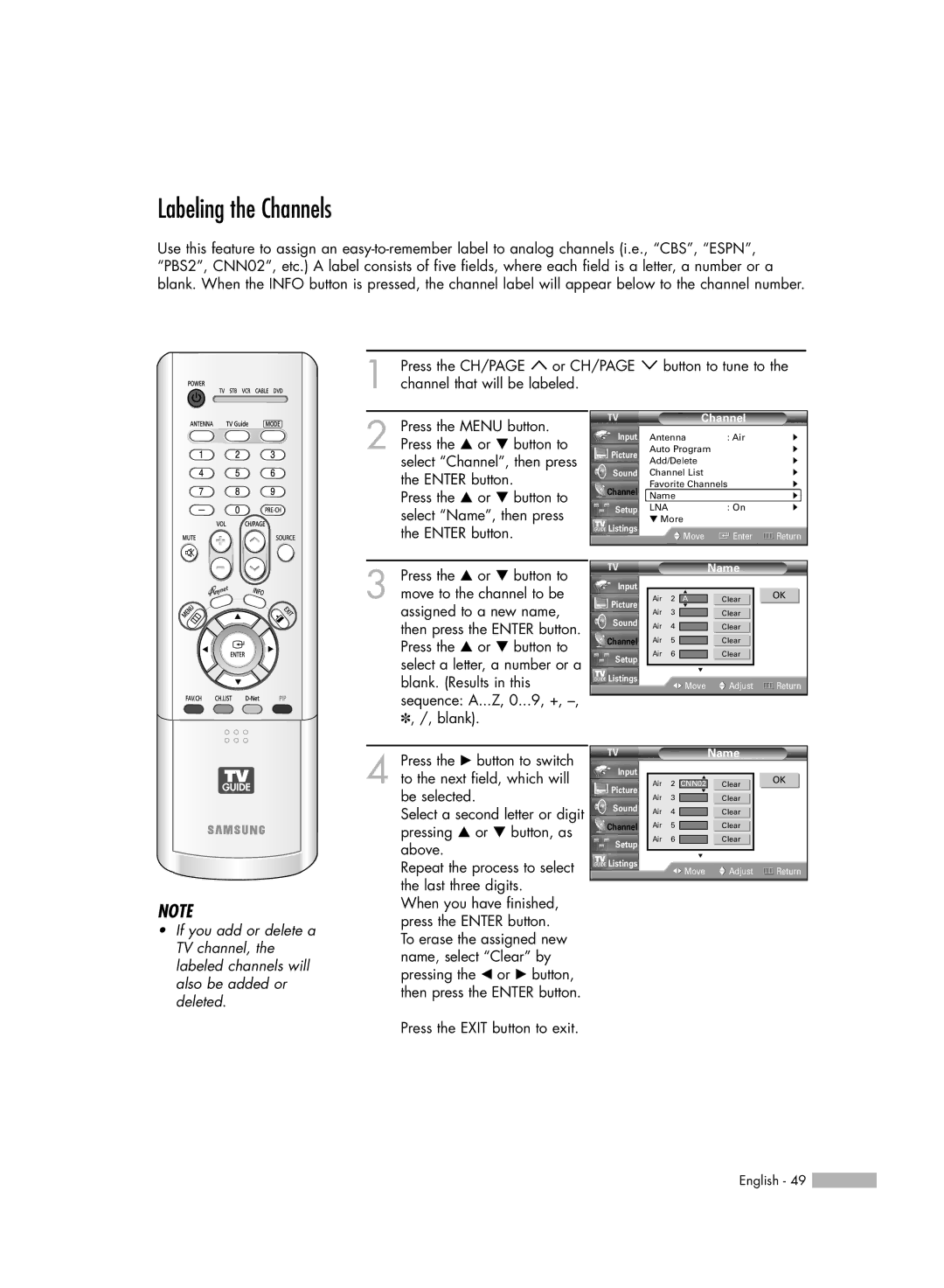 Samsung HL-R5067W, HL-R6167W, HL-R5667W, HL-R4667W manual Labeling the Channels, Name 