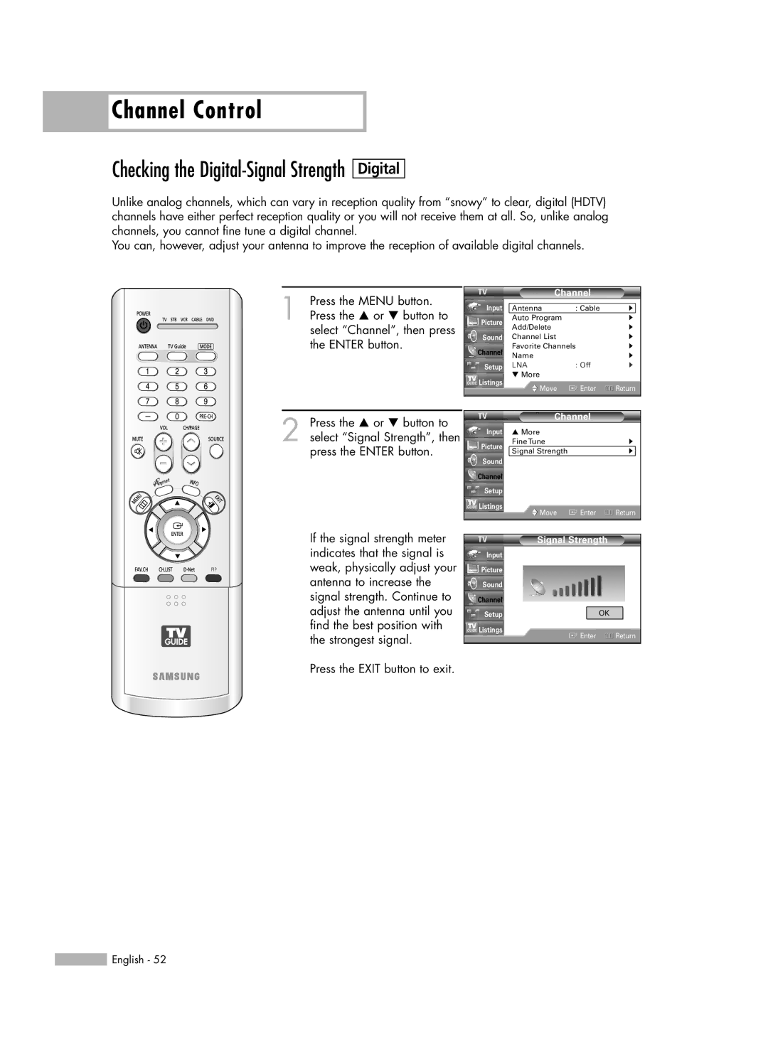 Samsung HL-R6167W, HL-R5067W, HL-R5667W, HL-R4667W manual Digital, Signal Strength 