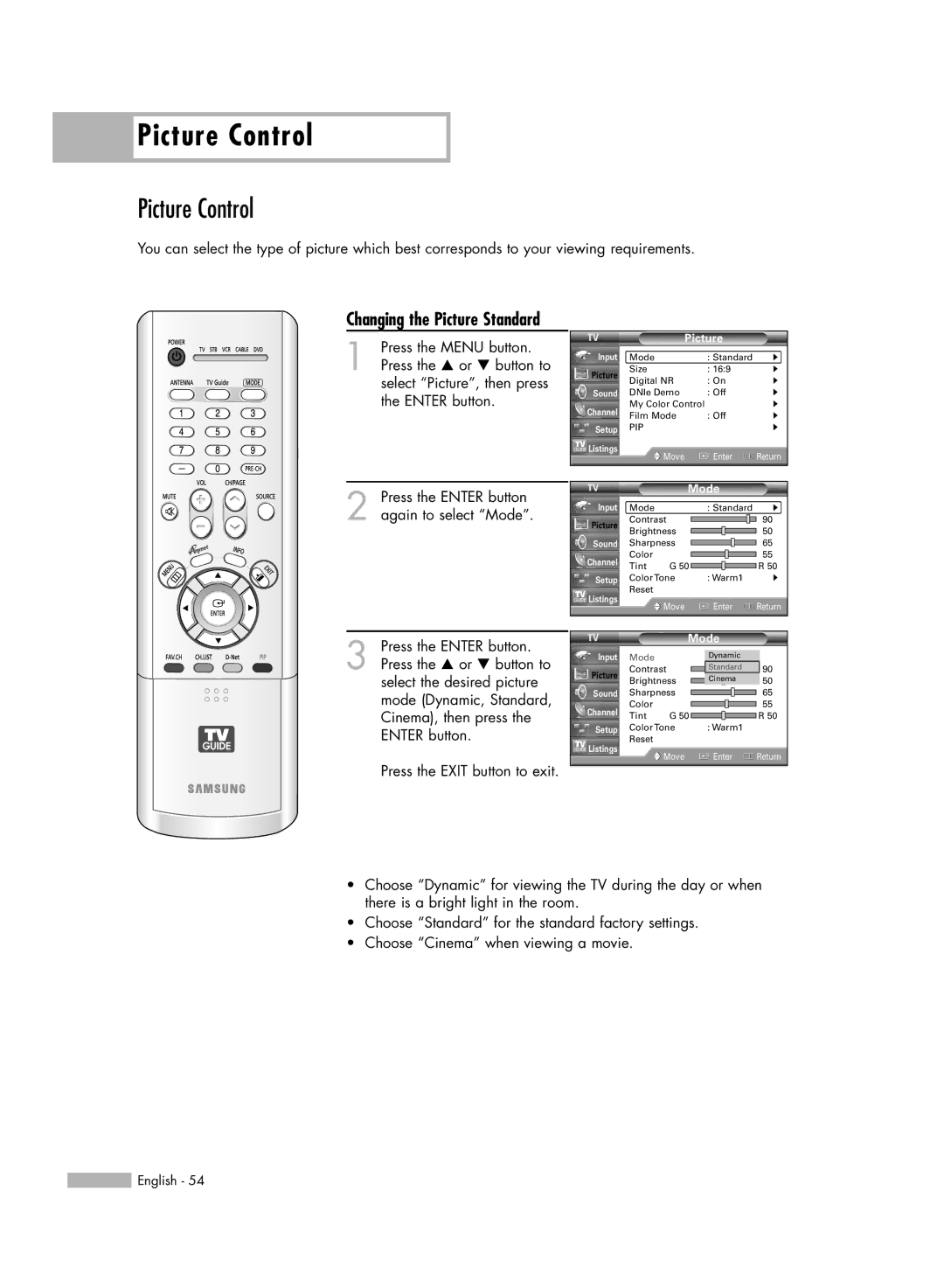 Samsung HL-R5667W, HL-R6167W, HL-R5067W, HL-R4667W manual Picture Control, Changing the Picture Standard, Mode 