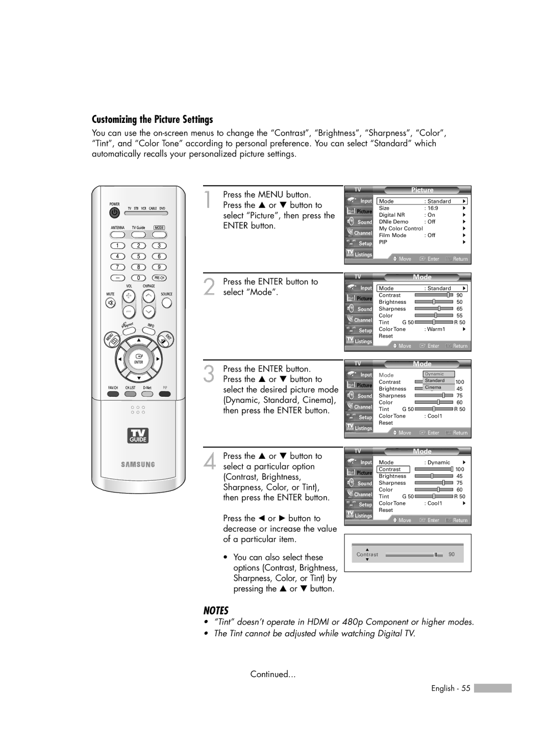 Samsung HL-R4667W, HL-R6167W, HL-R5067W, HL-R5667W manual Customizing the Picture Settings 