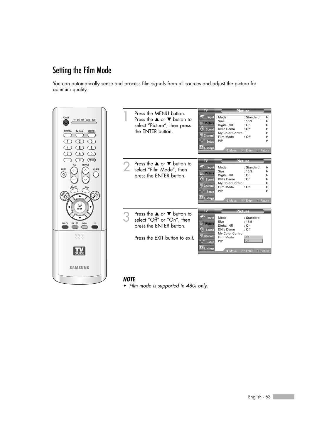 Samsung HL-R4667W, HL-R6167W, HL-R5067W, HL-R5667W manual Setting the Film Mode 