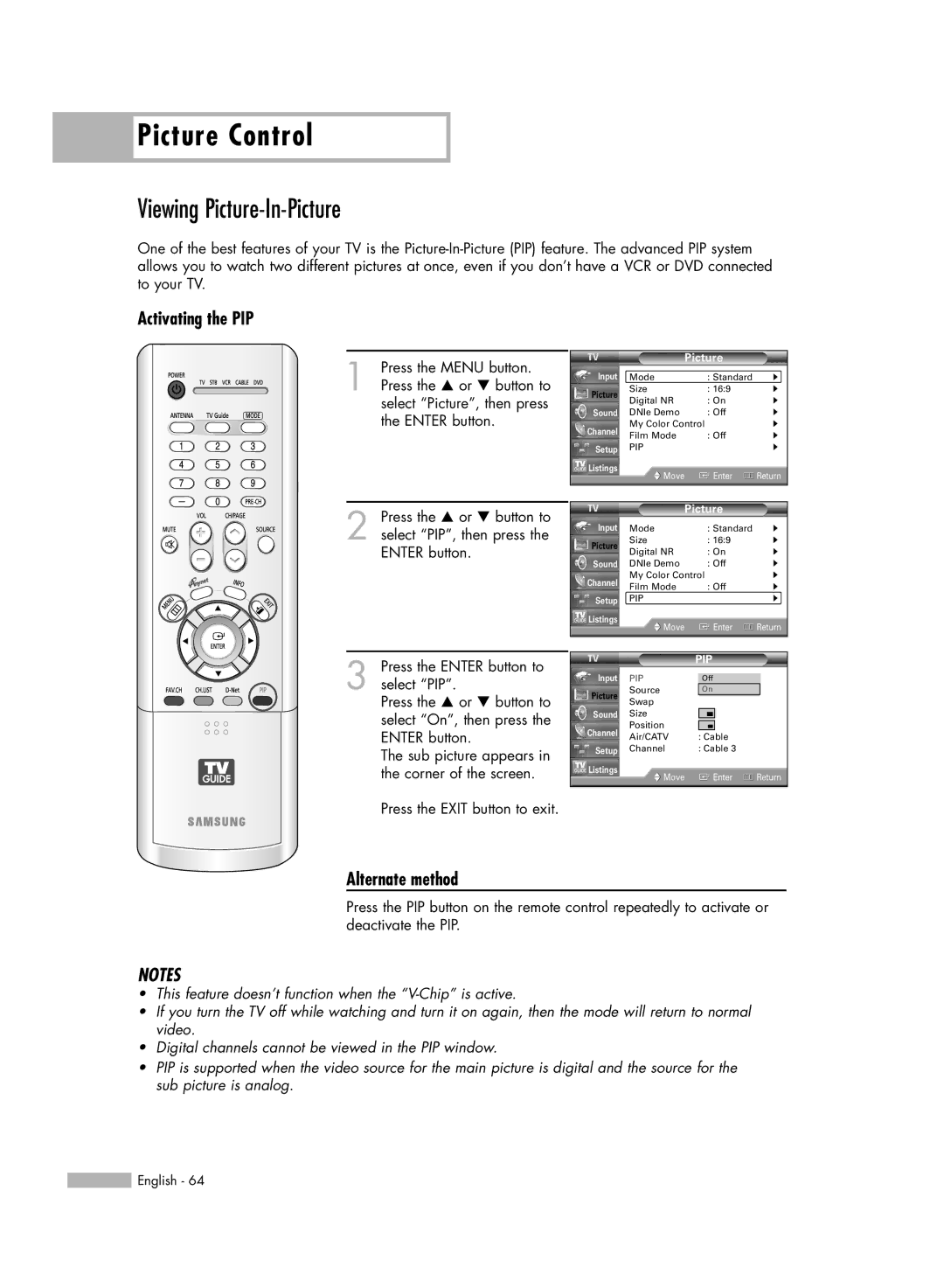 Samsung HL-R6167W, HL-R5067W, HL-R5667W, HL-R4667W manual Viewing Picture-In-Picture, Activating the PIP 