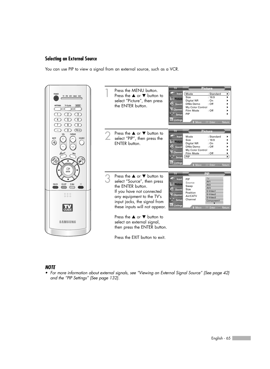 Samsung HL-R5067W, HL-R6167W, HL-R5667W, HL-R4667W manual Selecting an External Source, Pip 