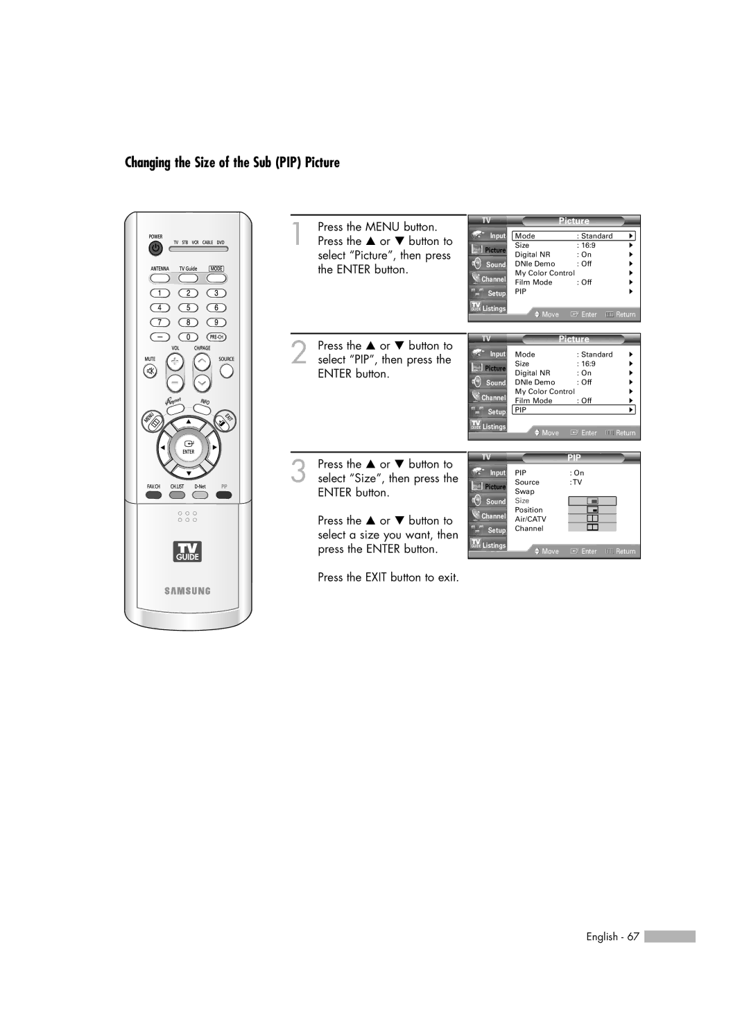 Samsung HL-R4667W, HL-R6167W, HL-R5067W, HL-R5667W manual Changing the Size of the Sub PIP Picture 