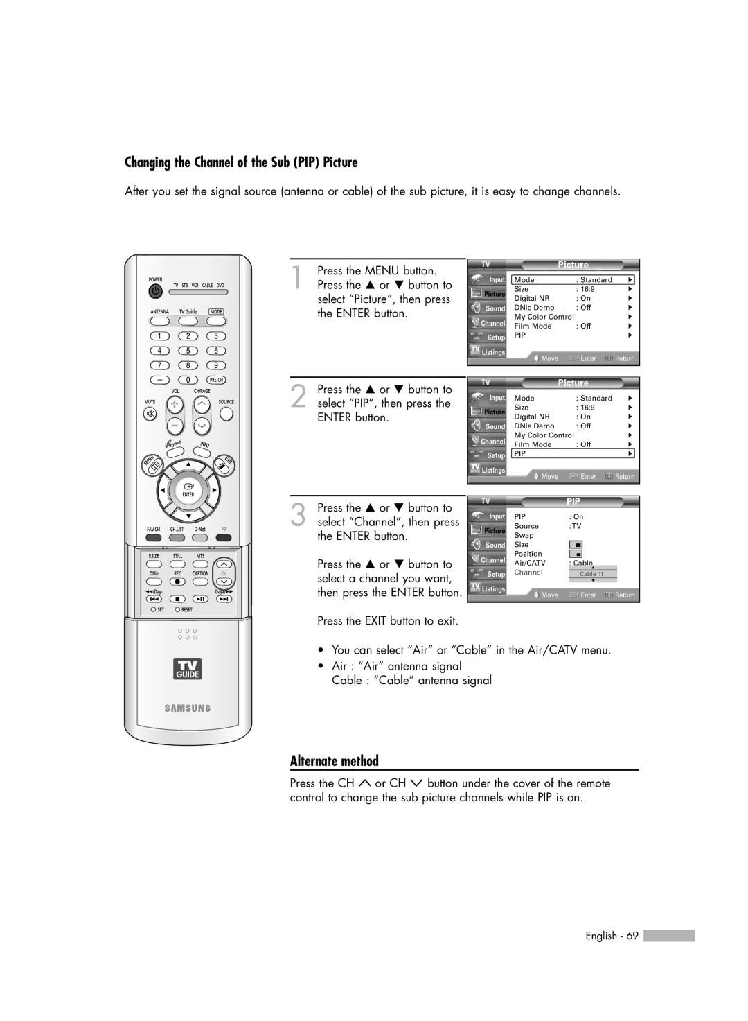 Samsung HL-R5067W, HL-R6167W, HL-R5667W, HL-R4667W manual Changing the Channel of the Sub PIP Picture, Alternate method 