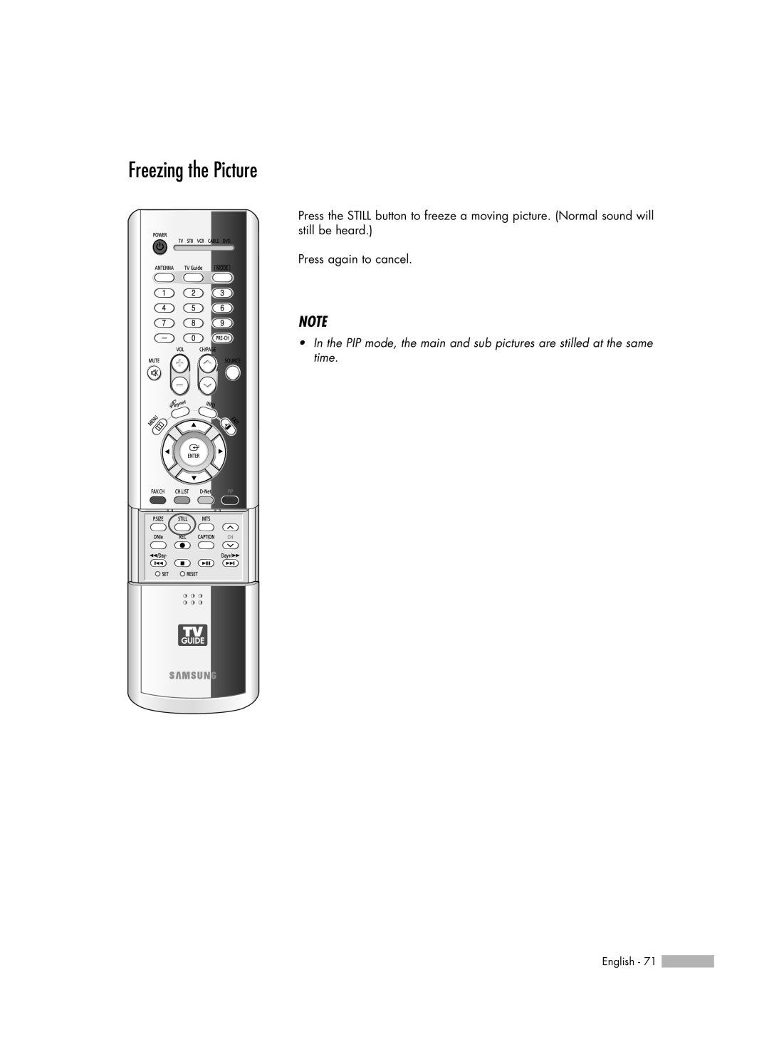 Samsung HL-R4667W, HL-R6167W, HL-R5067W, HL-R5667W manual Freezing the Picture 