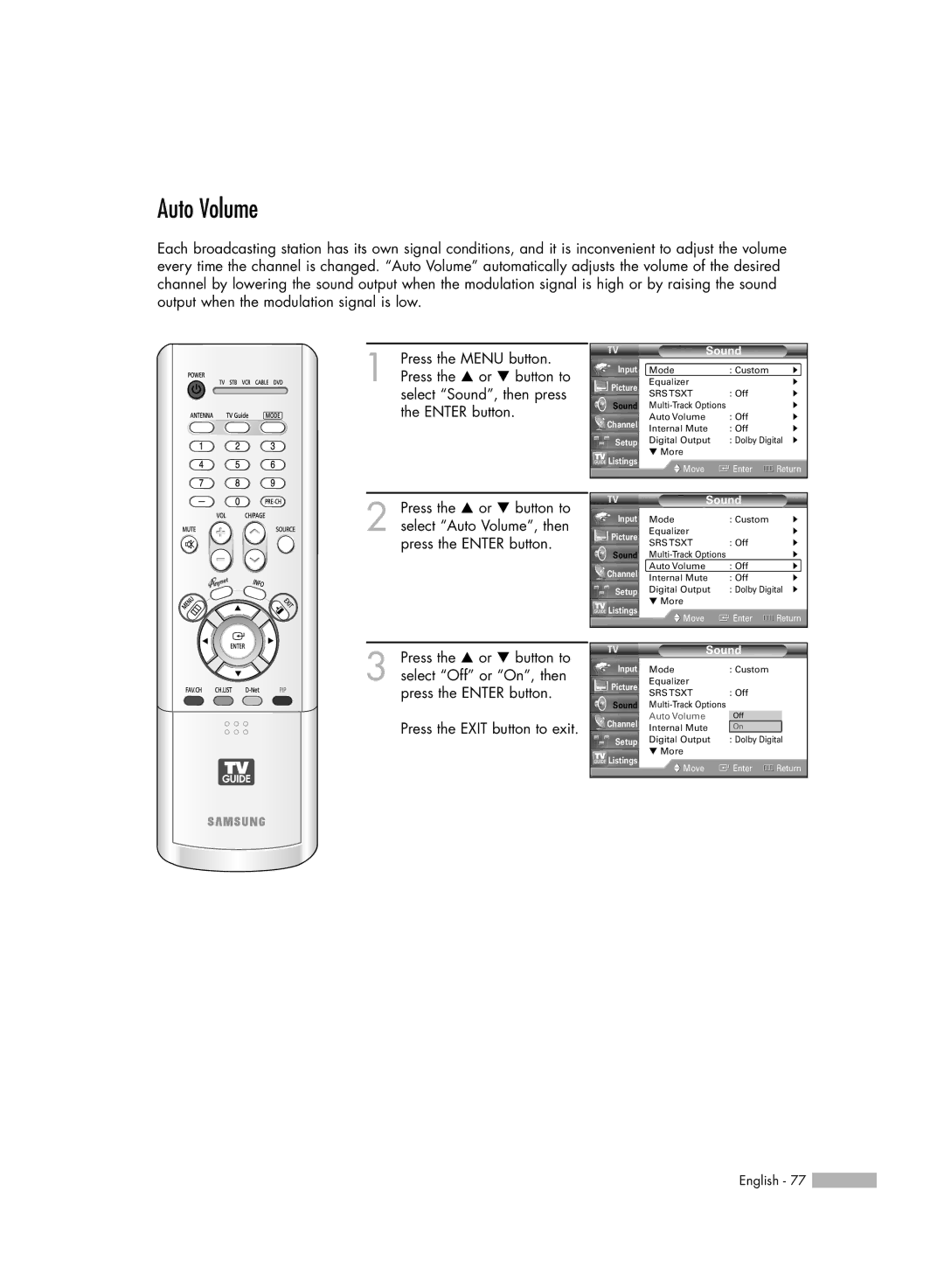 Samsung HL-R5067W, HL-R6167W, HL-R5667W, HL-R4667W manual Auto Volume 