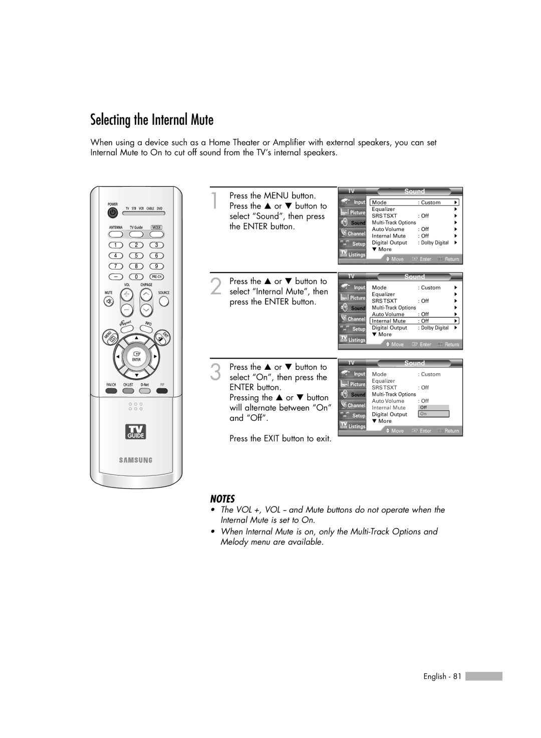 Samsung HL-R5067W, HL-R6167W, HL-R5667W, HL-R4667W manual Selecting the Internal Mute 