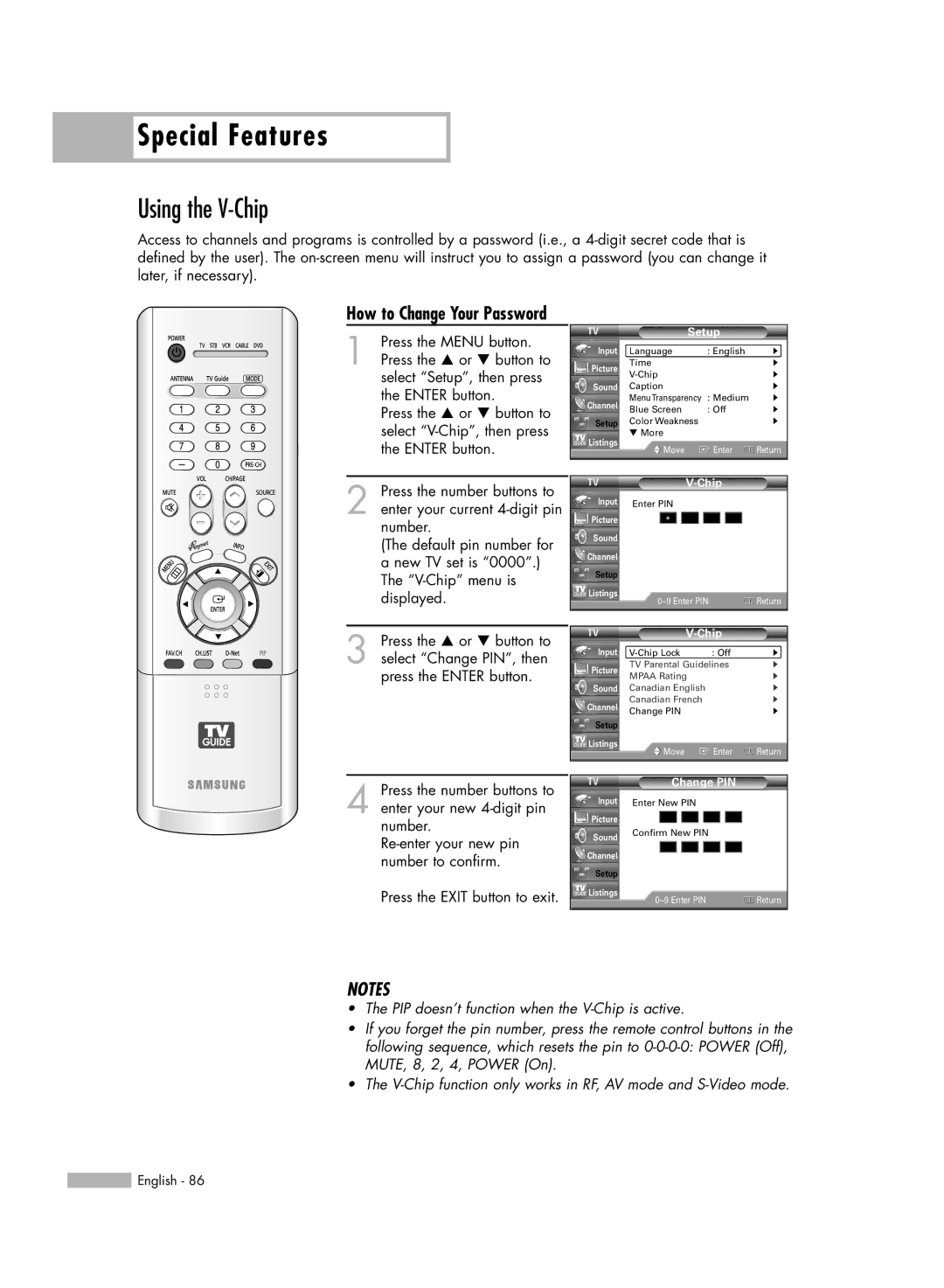 Samsung HL-R5667W, HL-R6167W, HL-R5067W, HL-R4667W manual Using the V-Chip, How to Change Your Password, Change PIN 