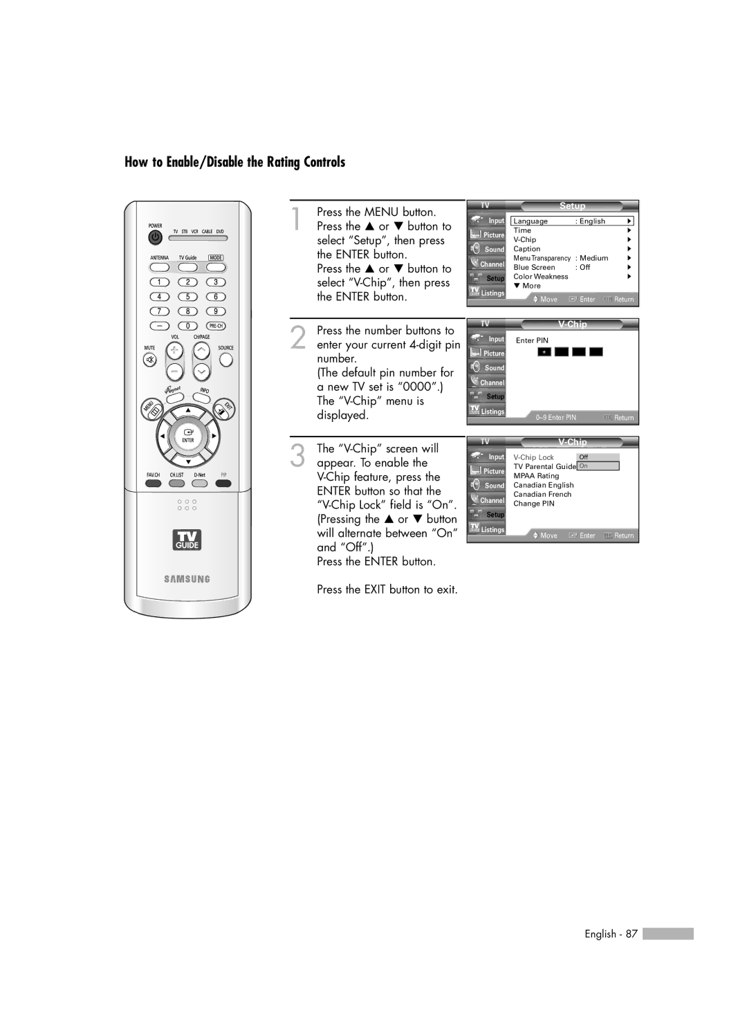 Samsung HL-R4667W, HL-R6167W, HL-R5067W, HL-R5667W manual How to Enable/Disable the Rating Controls 