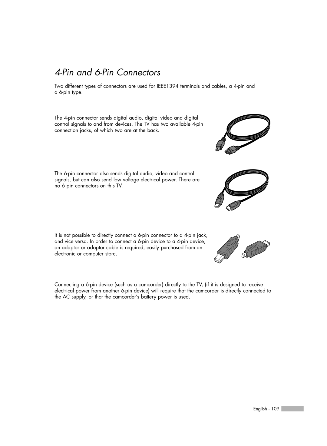 Samsung HL-R5067W, HL-R6167W, HL-R5667W manual Pin and 6-Pin Connectors 