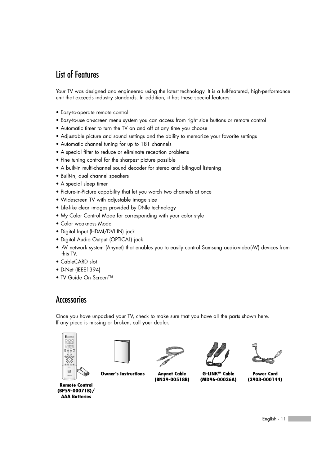 Samsung HL-R5667W, HL-R6167W, HL-R5067W manual List of Features, Accessories 
