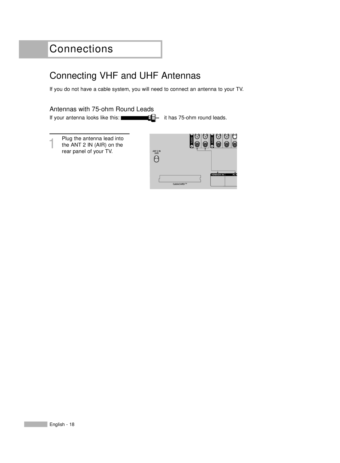 Samsung HL-R6167W, HL-R5067W, HL-R5667W manual Connections, Connecting VHF and UHF Antennas, Antennas with 75-ohm Round Leads 